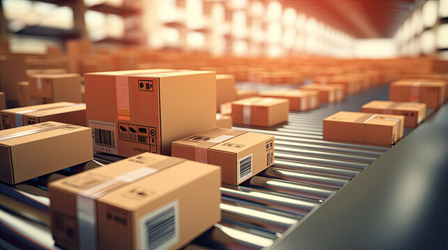 Closeup Of Multiple Cardboard Box Packages Seamlessly Moving Along A Conveyor Belt In A Warehouse Fulfillment Center, A Snapshot Of E-commerce, Delivery, Automation And Products.