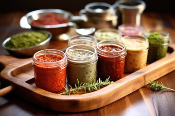 jars of homemade meat rubs on a wooden tray