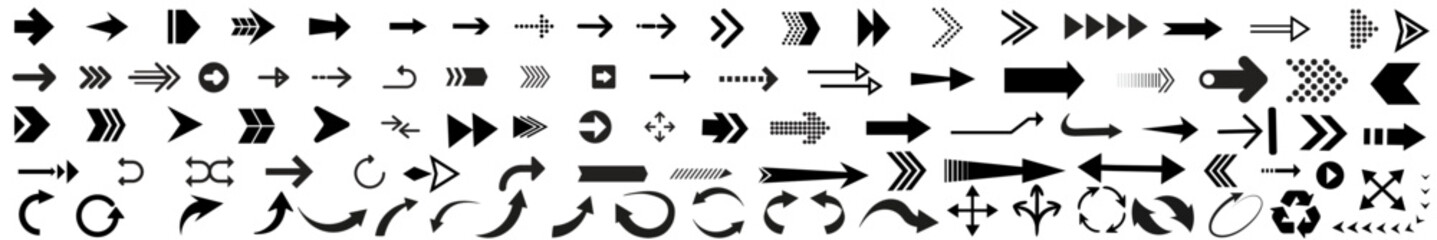 Arrows set of 100 black icons. Arrow icon. Arrow vector collection. Arrow collection. Cursor. Modern simple arrows. Vector illustration.