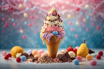 Colorful Delicious Vibrant Ice Cream Delight with Falling Treats Topping, AI Generated