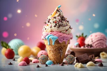Colorful Delicious Vibrant Ice Cream Delight with Falling Treats Topping, AI Generated