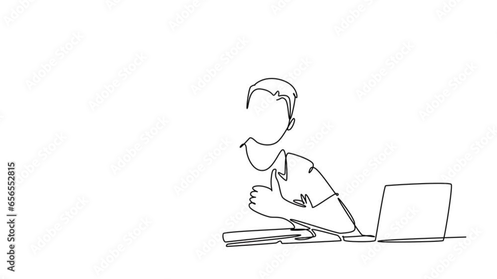 Poster animated self drawing of continuous line draw young happy male college student studying and reading 