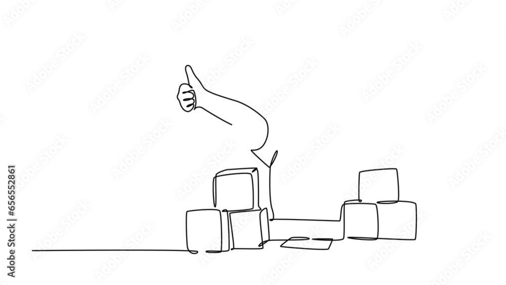 Poster animated self drawing of continuous line draw young happy little boy playing stack of alphabet puzzl
