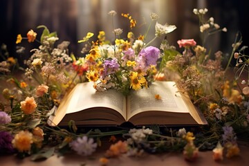 Wildflowers in an open book, juxtaposing the romance of nature and literature - obrazy, fototapety, plakaty