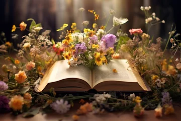 Ingelijste posters Wildflowers in an open book, juxtaposing the romance of nature and literature © Szabolcs