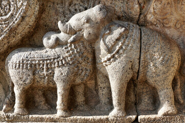 Bas relief Optical illusion carving of Bull and Elephant sculpture at Airavatesvara Temple in Darasuram, Kumbakonam, Tamilnadu. - obrazy, fototapety, plakaty