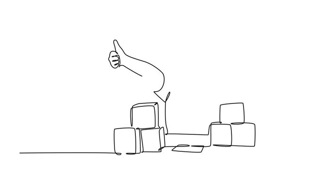 Animated self drawing of continuous line draw young happy little boy playing stack of alphabet puzzle block on table and giving thumbs up gesture in kindergarten class. Full length one line animation