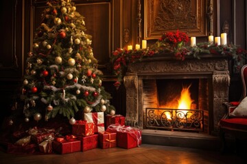 Fototapeta na wymiar a well-decorated christmas tree beside a fireplace