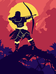 archer aiming arrow in moonlit night in a tree branch