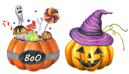 pumpkin cupcakes with skulls and a ghost for Halloween