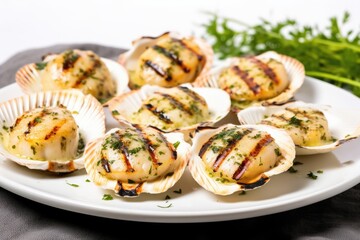 side view of grilled scallops with herbs