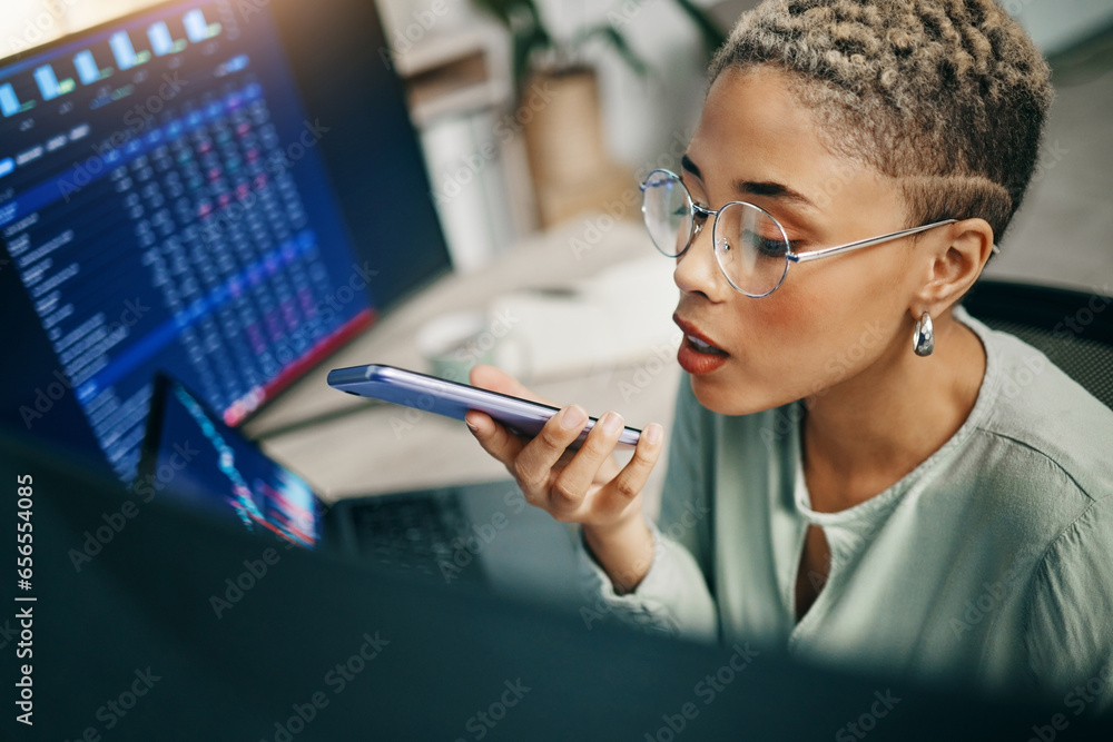 Fototapete Woman, phone call and programmer with speaker, computer and investment with conversation. Person, employee and trader with smartphone, consultant and digital app with savings, trading and talking