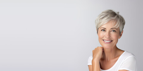Beautiful woman with smooth healthy face skin. Gorgeous aging mature woman with short gray hair and happy smiling. Beauty and cosmetics skincare advertising concept. With copy space.