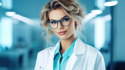 Photo of a supermodel laboratory assistant with a stylish short haircut, in a white coat, and stylish transparent glasses. - obrazy, fototapety, plakaty