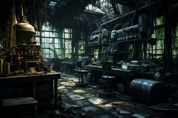 Mysterious abandoned lab filled with ominousness and insecurity. Generative AI
