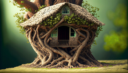 Fototapeta premium Tree House with lush leaves and roots, Forest, life in the forest