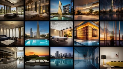 Collage of modern skyscrapers in Dubai, United Arab Emirates