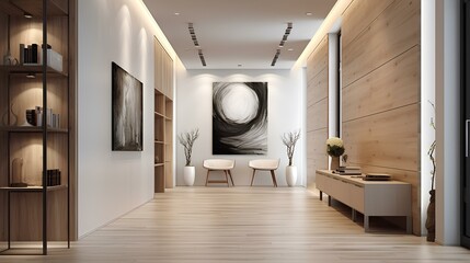 Modern interior of the hallway and corridor with paintings, laconic design. Home decor.