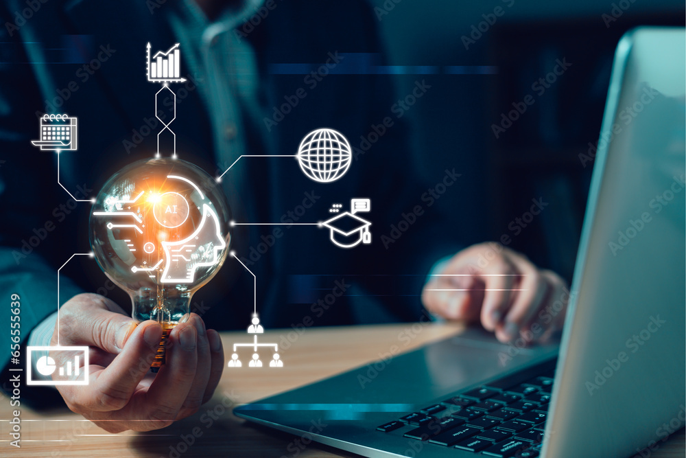 Poster innovation technology big data and business process strategy. man holds lightbulb ai icon. customer 