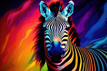 Fototapeta na wymiar Zebra with stripes digitally painted in a spectrum of colors