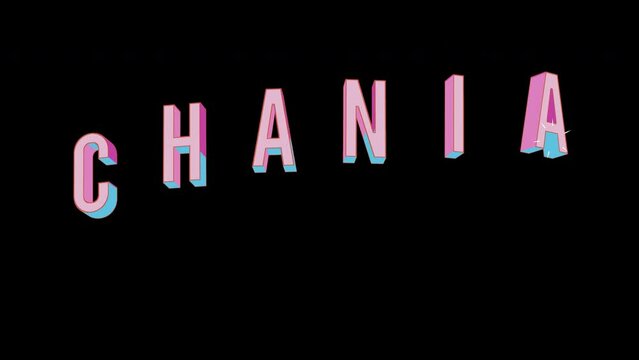 Bright letters jump merrily in the inscription CHANIA city. Retro. Alpha channel black. Looped from frame 120 to 240, Alpha BW at the end
