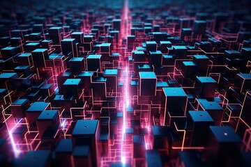 A digital neon maze symbolizing complex data paths floating in an abyss of darkness