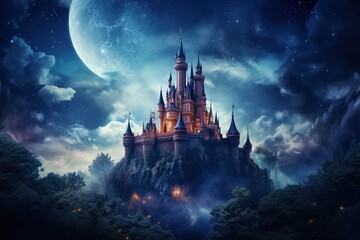 A fairy-tale castle silhouette on a hilltop against a dramatic night sky - obrazy, fototapety, plakaty