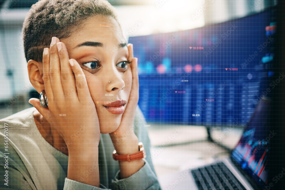 Aufkleber computer, overlay and business woman face stress over web cybersecurity risk, stock market crash or 