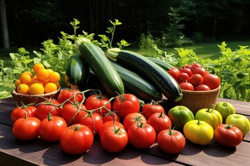 A lush vegetable garden bounty with ripened tomatoes, cucumbers, and squash