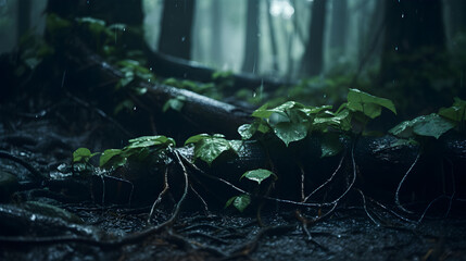 cinematic shot, closeup shot, ivy on forest floor, overcast lighting