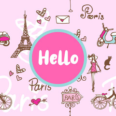 Fototapeta na wymiar Hello Paris theme card template design with hand drawn illustration.