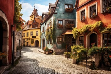 Fototapeta na wymiar A quaint watercolor cobblestone street in an old European town