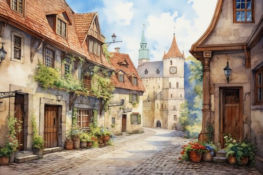 A quaint watercolor cobblestone street in an old European town