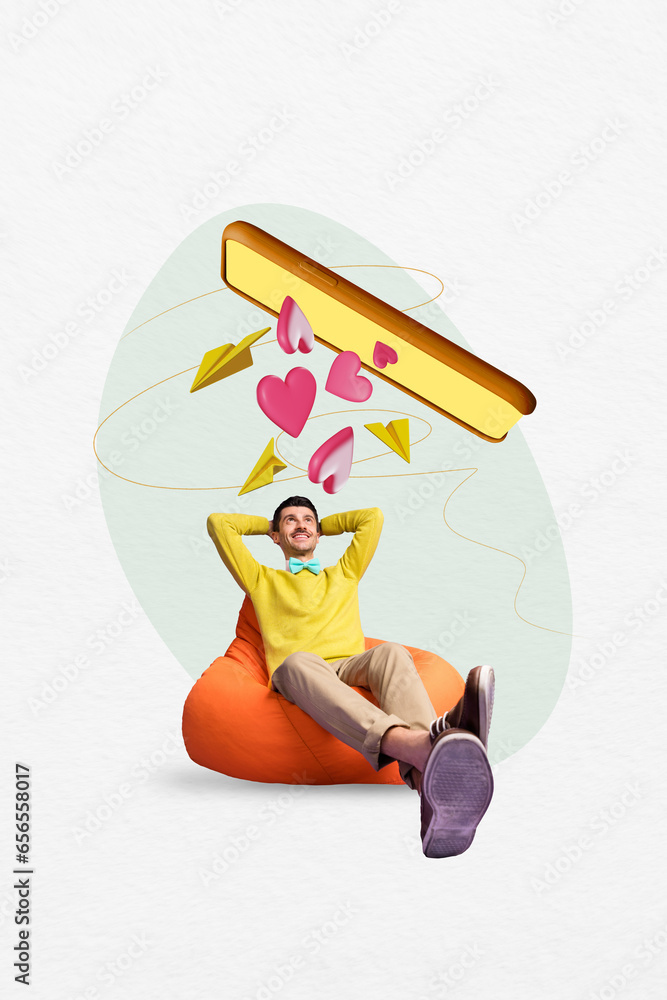 Poster Collage 3d pinup pop sketch image of funny funky guy getting modern device likes isolated white color background
