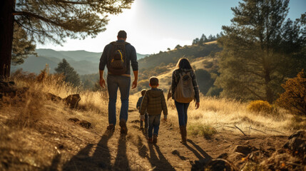 Family with kid hiking in the mountains in autumn. - obrazy, fototapety, plakaty