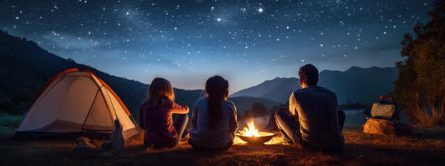 Family with kids looks up at the night sky and stars next to their tent in nature