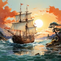 watercolor ship on the sea