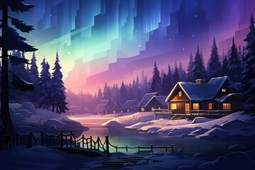 Silhouette of a peaceful snow-covered village under the enchanting northern lights
