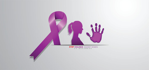 
International day for the Elimination of Violence against woman november 25th. stop symbol palm, awareness yellow ribbon, woman silhouette, and world map. sapce text typography. vector illustration