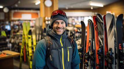Man picks out ski equipment for the mountains at the store - obrazy, fototapety, plakaty