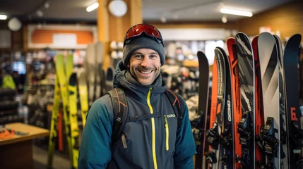 Tuinposter Man picks out ski equipment for the mountains at the store © MP Studio