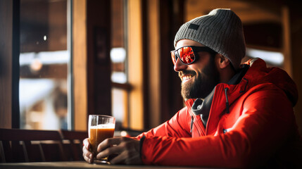 Happy man drinks a hot drink at a skier's cafe at the top of a mountain. - obrazy, fototapety, plakaty