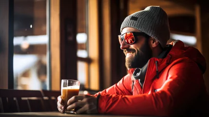 Foto op Plexiglas Happy man drinks a hot drink at a skier's cafe at the top of a mountain. © MP Studio