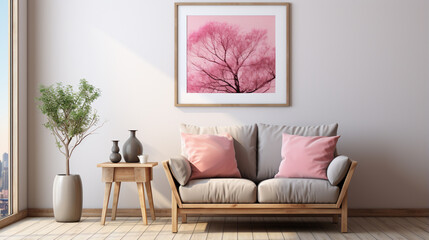 Interior poster mock up living room with armchair on empty white wall background. ai generative