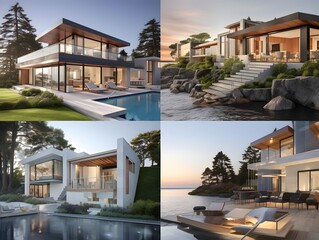 3d rendering of modern cozy house with pool and parking for sale or rent in luxurious style and beautiful landscaping on background. Collage.
