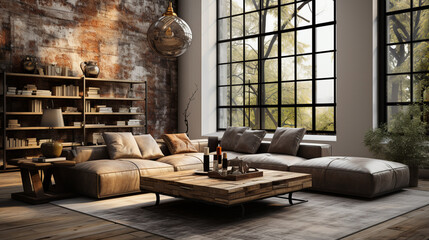 Living room interior in loft, industrial style. Copy space. ai generative