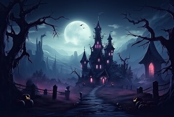 Background for Halloween old gothic castle Haunted mansion on a scary night - obrazy, fototapety, plakaty