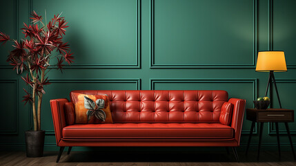 Home interior with red sofa, table and decor in green living room. ai generative