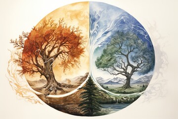 A watercolor representation of the four seasons depicted in a single swirling landscape