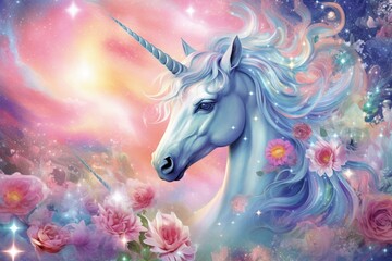 Obraz na płótnie Canvas Artwork featuring a magical unicorn created through sublimation with sparkling glitter. Generative AI